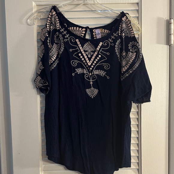 Alya Tops - Alya Dark Blue Embroidered Blouse